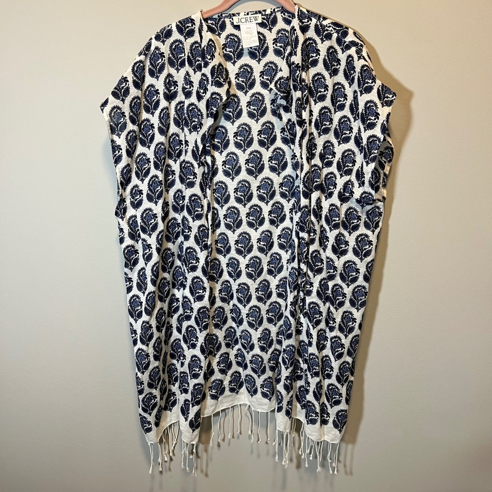 J. Crew Linen Cotton Floral Paisley Fringe Kimono Beach Cover Up Navy White XS/S